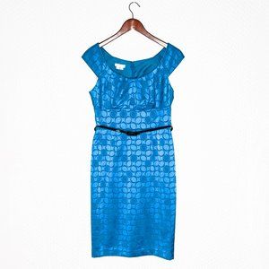 London Times Blue Belted Sheath Dress -